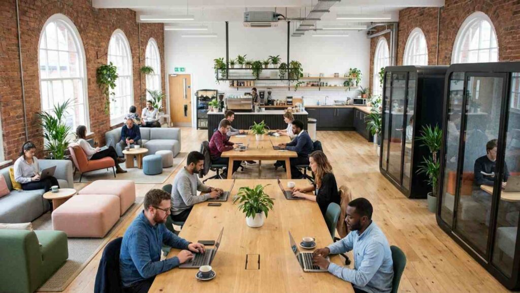 Ambiente moderno de coworking com profissionais trabalhando em espaço compartilhado da iSpaces, integrado a soluções de escritório virtual e endereço fiscal.