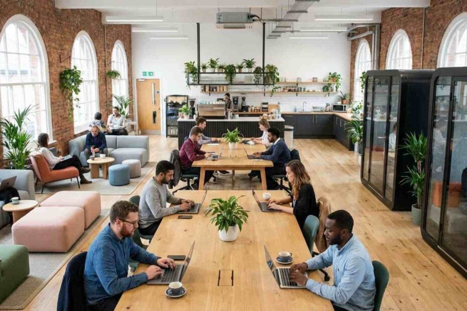 Ambiente moderno de coworking com profissionais trabalhando em espaço compartilhado da iSpaces, integrado a soluções de escritório virtual e endereço fiscal.