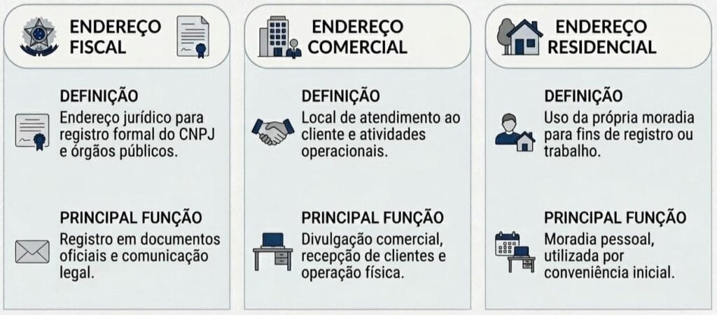 Infográfico da iSpaces explicando as diferenças entre endereço fiscal, comercial e residencial e suas funções para empresas e empreendedores.