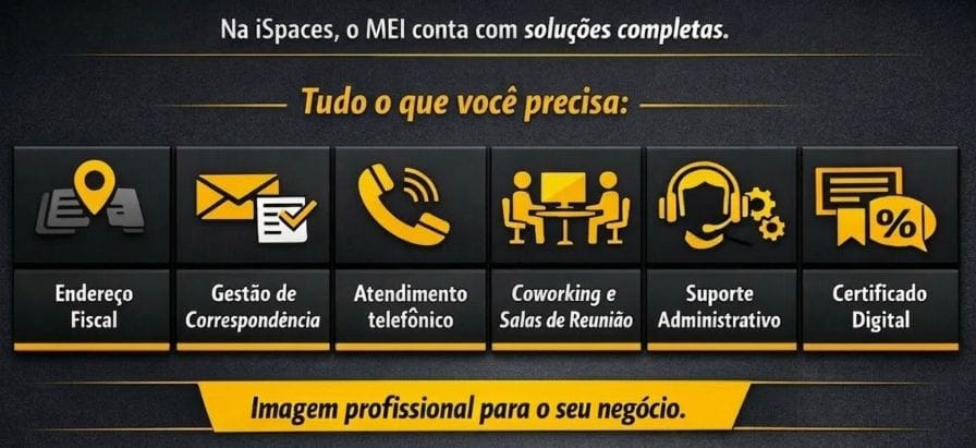Infográfico mostrando endereço fiscal para MEI com escritório virtual e hospedagem fiscal da iSpaces, com serviços como correspondência, coworking e suporte administrativo.