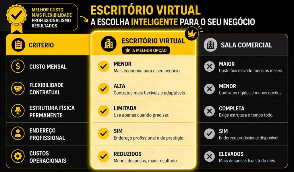 Infográfico comparando escritório virtual e sala comercial. O escritório virtual apresenta menor custo mensal, alta flexibilidade contratual, estrutura física limitada, endereço profissional e custos operacionais reduzidos. Já a sala comercial possui maior custo, menor flexibilidade, estrutura física completa e custos operacionais elevados.