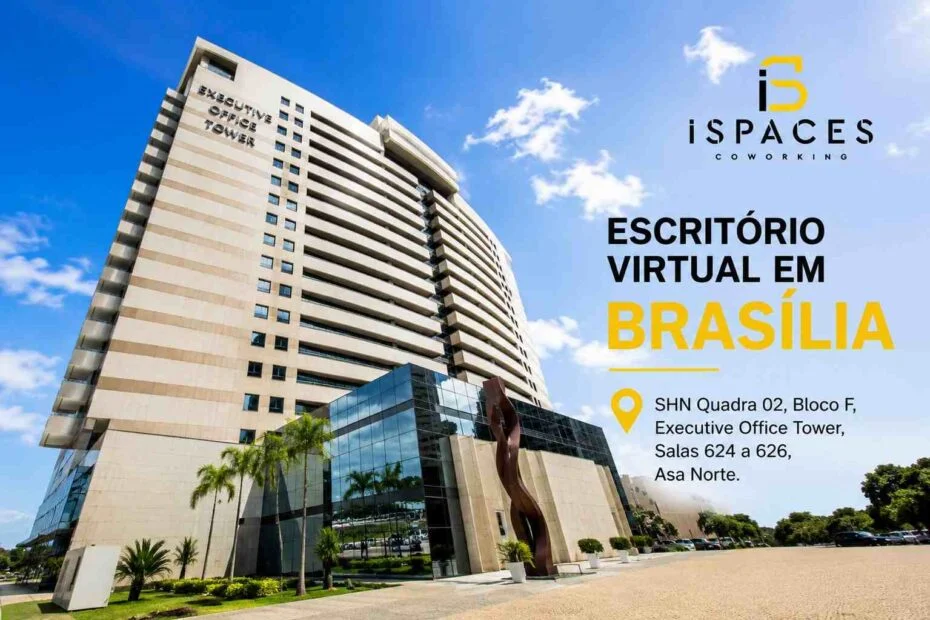 Fachada do Executive Office Tower com destaque para o endereço do escritório virtual da iSpaces em Brasília.