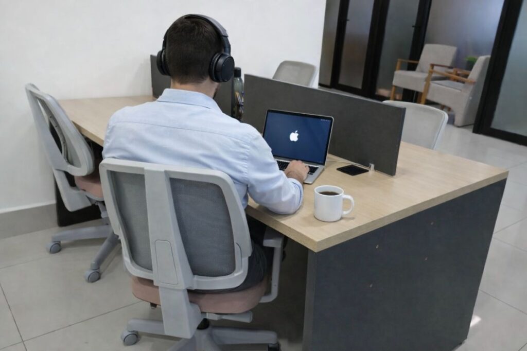 Empreendedor testando como funciona um coworking da iSpaces em Goiânia.