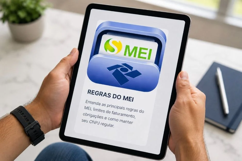 Mãos segurando um tablet com prévia de conteúdo explicativo sobre regras do MEI.