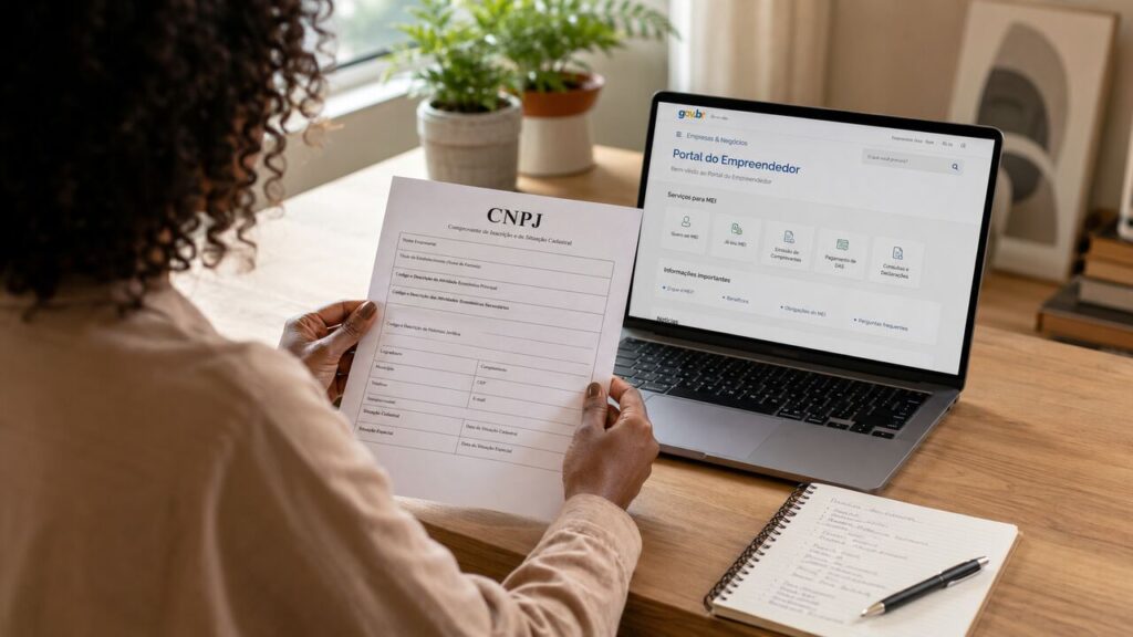 Pessoa analisa documento de CNPJ enquanto consulta o Portal do Empreendedor para serviços do MEI.