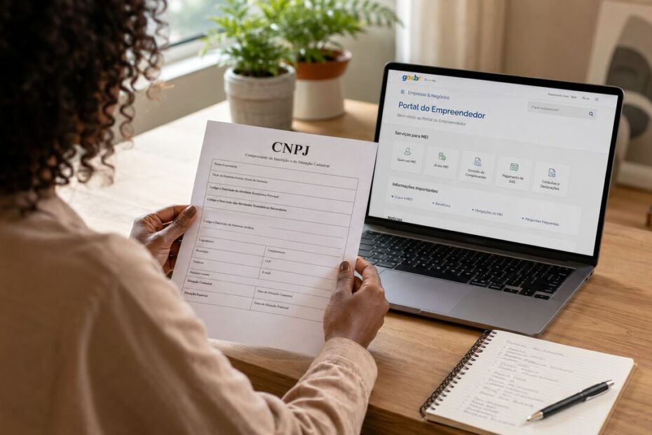 Pessoa analisa documento de CNPJ enquanto consulta o Portal do Empreendedor para serviços do MEI.