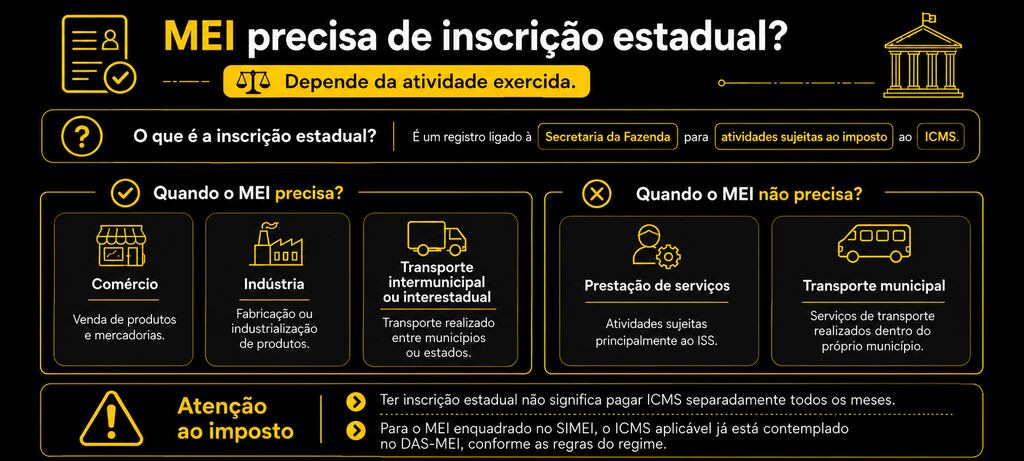 Infográfico sobre se MEI precisa de inscrição estadual e os casos em que o registro é necessário.