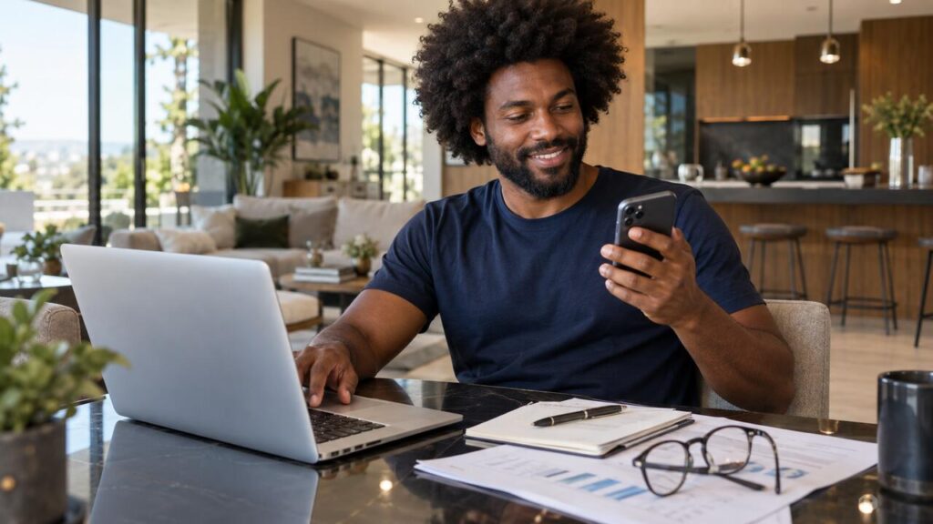 Homem em home office moderno com laptop, celular e gráficos, ilustrando trabalho remoto e uso de endereço virtual em Anápolis.