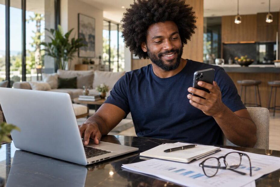 Homem em home office moderno com laptop, celular e gráficos, ilustrando trabalho remoto e uso de endereço virtual em Anápolis.